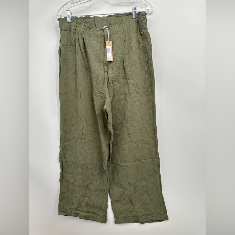 NWT Hello Nite Olive Green Cotton Gauze Cinched Waist Pants Women's L